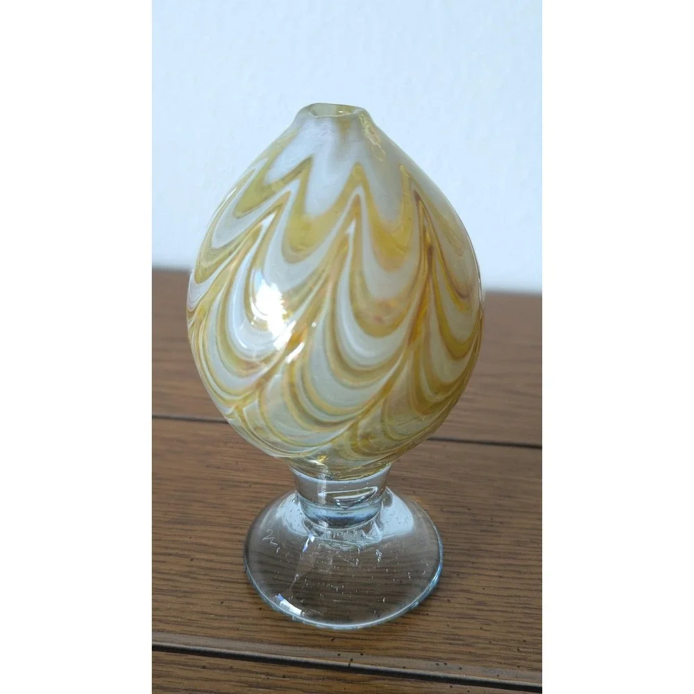 Vintage Hand Blown Amber White Swirl Art Glass Bud Vase Controlled Bubble Signed